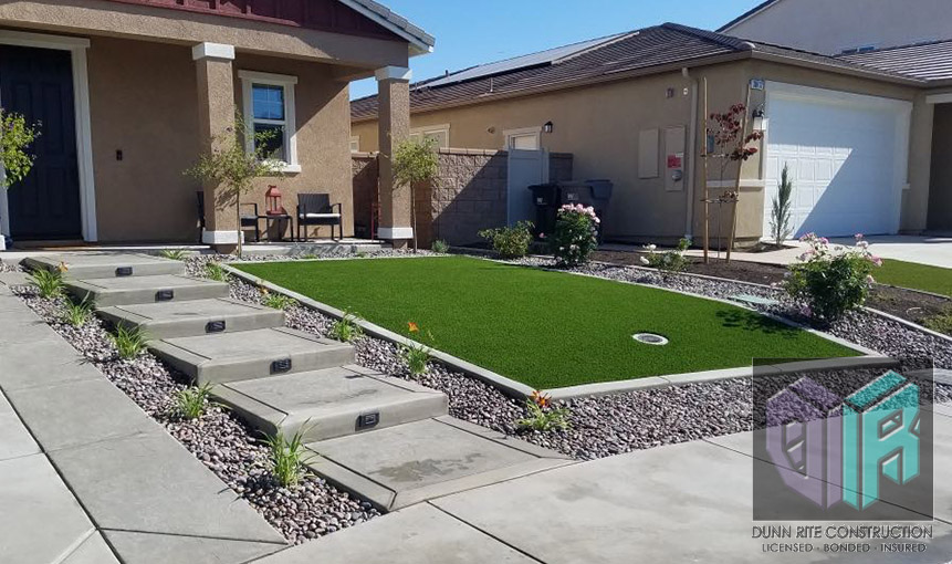Beaumont CA, Banning CA, Moreno Valley front yard, backyard, concrete construction, turf, landscape design